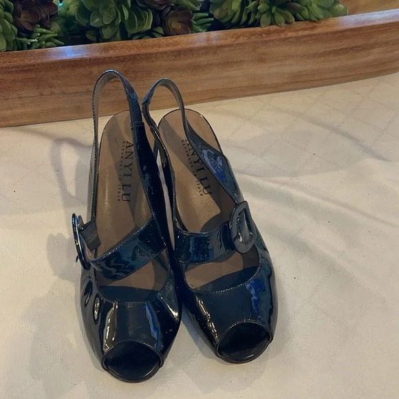 ANYI LU Tulip Patent Leather Slingback Mary Janes peep toe heels black 6 us 36.5 - Picture 2 of 6